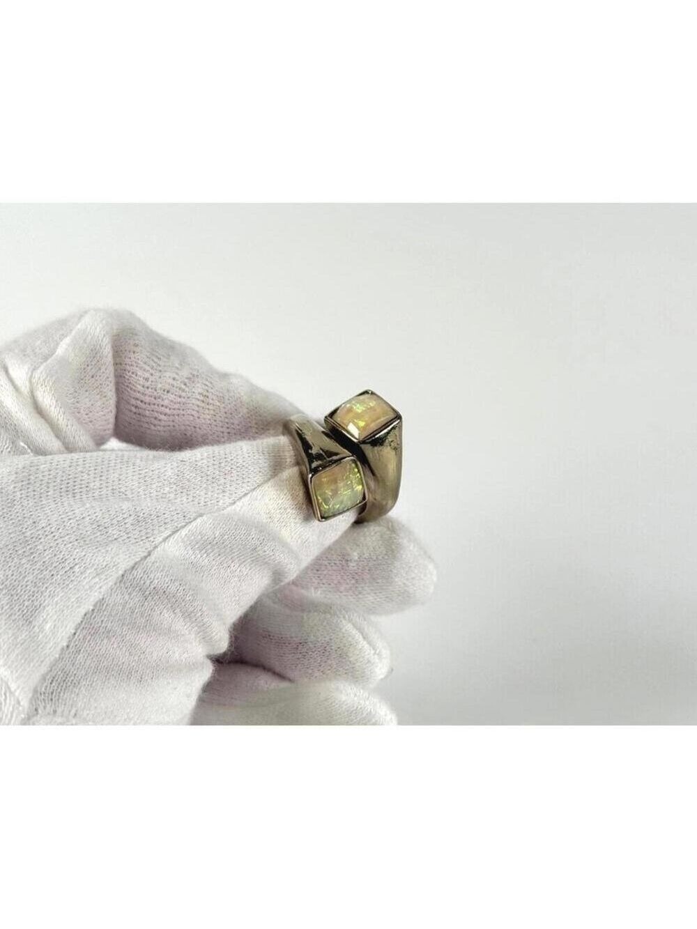 One of a Kind Vintage Gold Tone Bypass Ring Double Faux Opal Cabochon Modernist